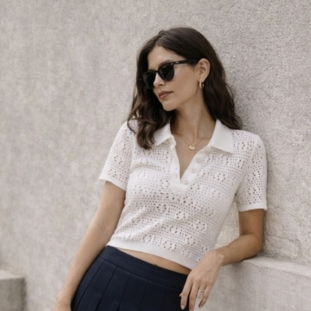 Preppy Knit White Polo Top Mesh Luxury Quiet Minimalist Costal Grandmother